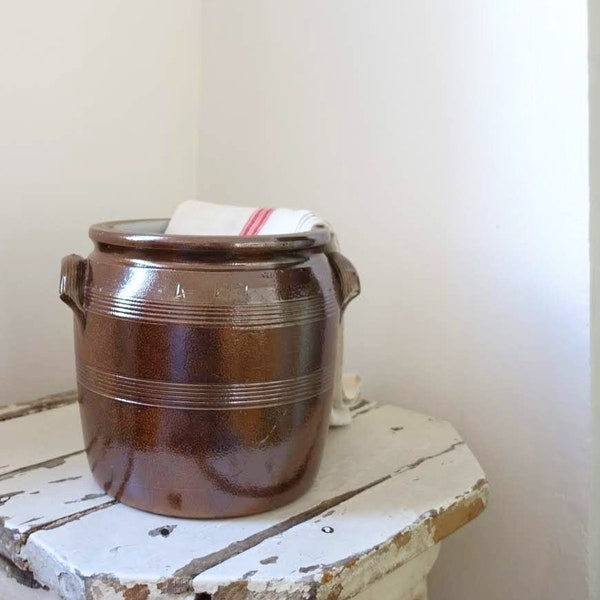 Primitive Medium Brown & Grey French Sandstone Confit Pot.French Old Earthenware Glazed Pot.French Farmhouse Rustic Kitchen Utensils Holder