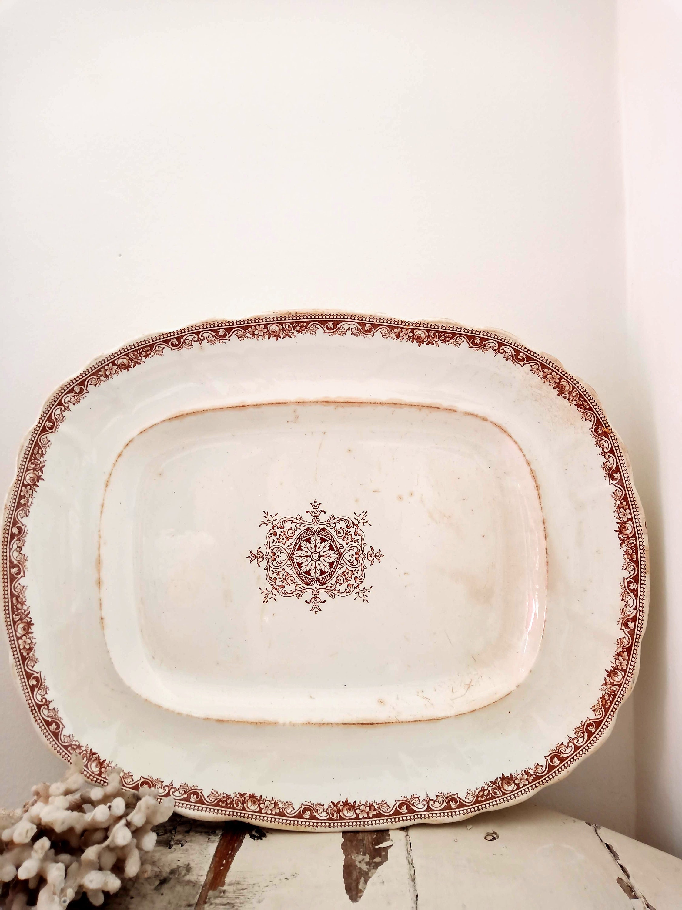 Antique Jules Vieillard Bordeaux Grand Brown Transferware Distressed Platter.français Floral Serving