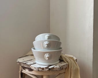 3 Antique Sturdy Lion Head White Ironstone Heavy Mixing Bowls.Antique White Ironstone Lion Heads Round Collection Bowls.French Nordic Living