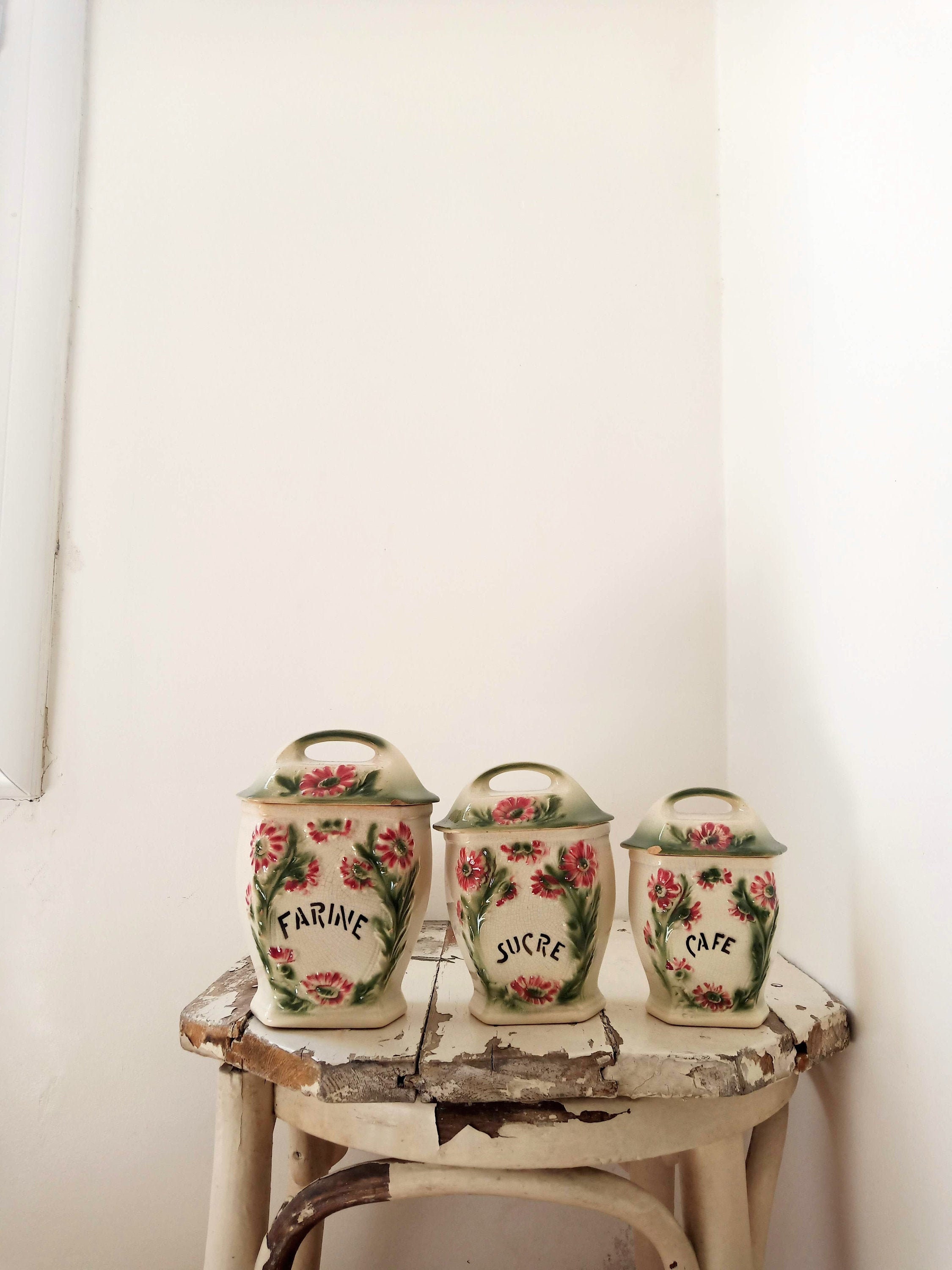 Antique Français Majolica Canisters Green Red Floral.français Art Déco Vert Rouge Ceramic Canister.a