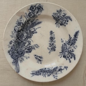 Könnte beinhalten: Ein weißer Keramikteller mit blauem Blumendesign. Der Teller zeigt verschiedene Blumenarrangements, darunter Sträuße und Zweige, sowie einen kleinen Vogel. Das Design ist detailliert und bedeckt die Oberfläche des Tellers.
