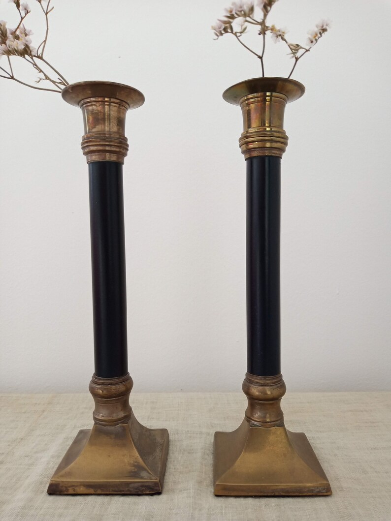 Pair of Lacquered Brass & Black Pilar Candle Holders.French Etsy