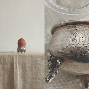 Antique Silver Plated Salt Cellar: French Cut Glass Liner, Monogrammed