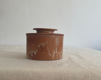 5" Large Primitive Butter Keeper.French Handmade Butter Keeper Glazed Pottery.Rustic Wabi Sabi Glazed Pottery Stoneware.Brown Drip Sandstone