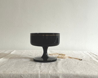 Mid Century Black Opaline Glass Pedestal Trinket Bowl.Vintage Black Footed Glass Gold Trim Jewellery Holder.French Mid Century Footed Bowl .