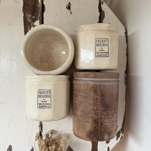 Collections of French Antique Primitive Ironstone Tea Stained Small Confiture Pots.French Vintage Ironstone.Rustic French Primitive Kitchen