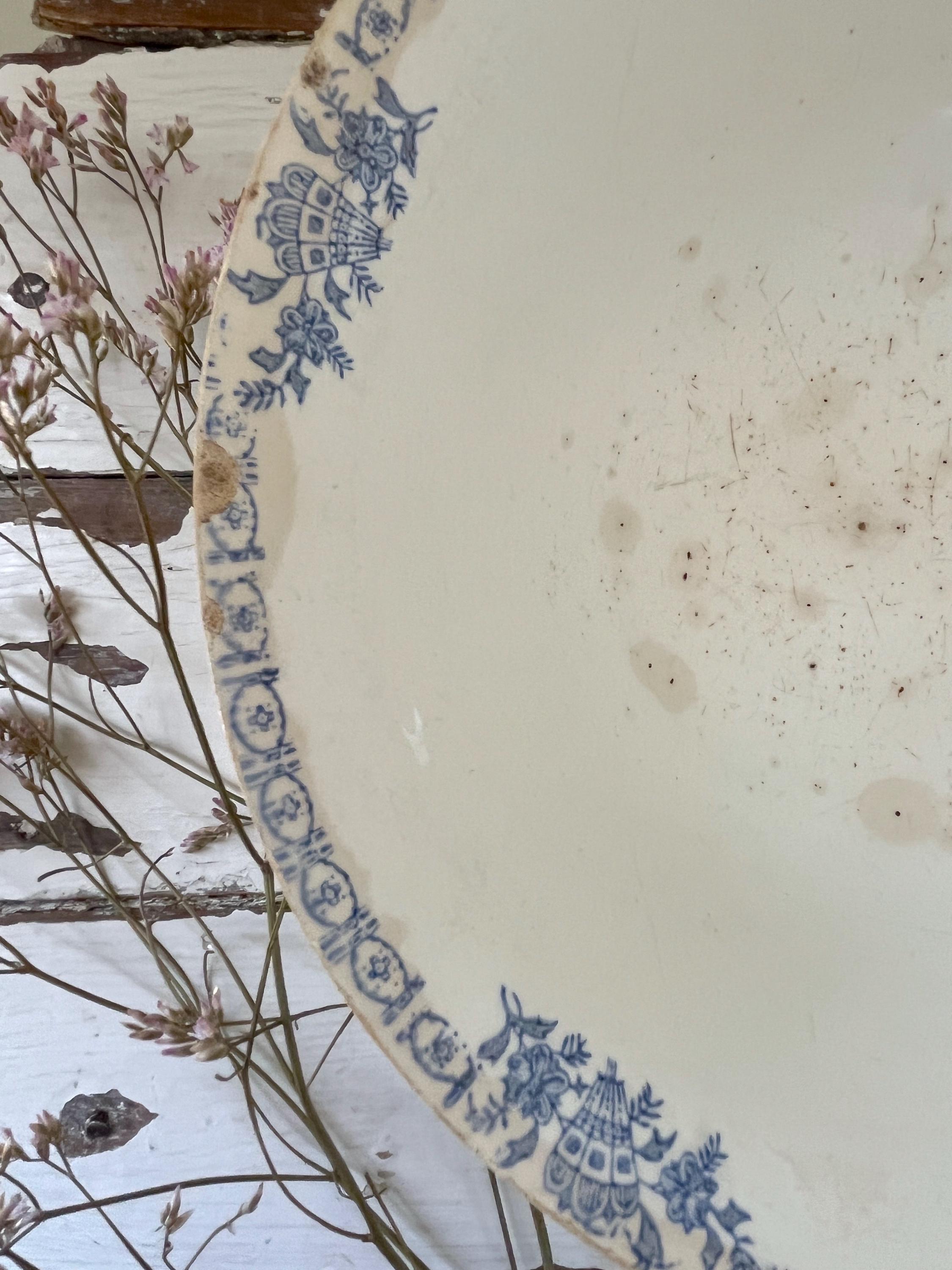 Antique French Ironstone Mixing Bowl, Blue Floral Transferware