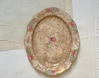 XL Tea Stained "Old Foley' James Kent Staffordshire Balmoral English Floral Gold Gilded Platter.Vintage English Floral Collectible Platter
