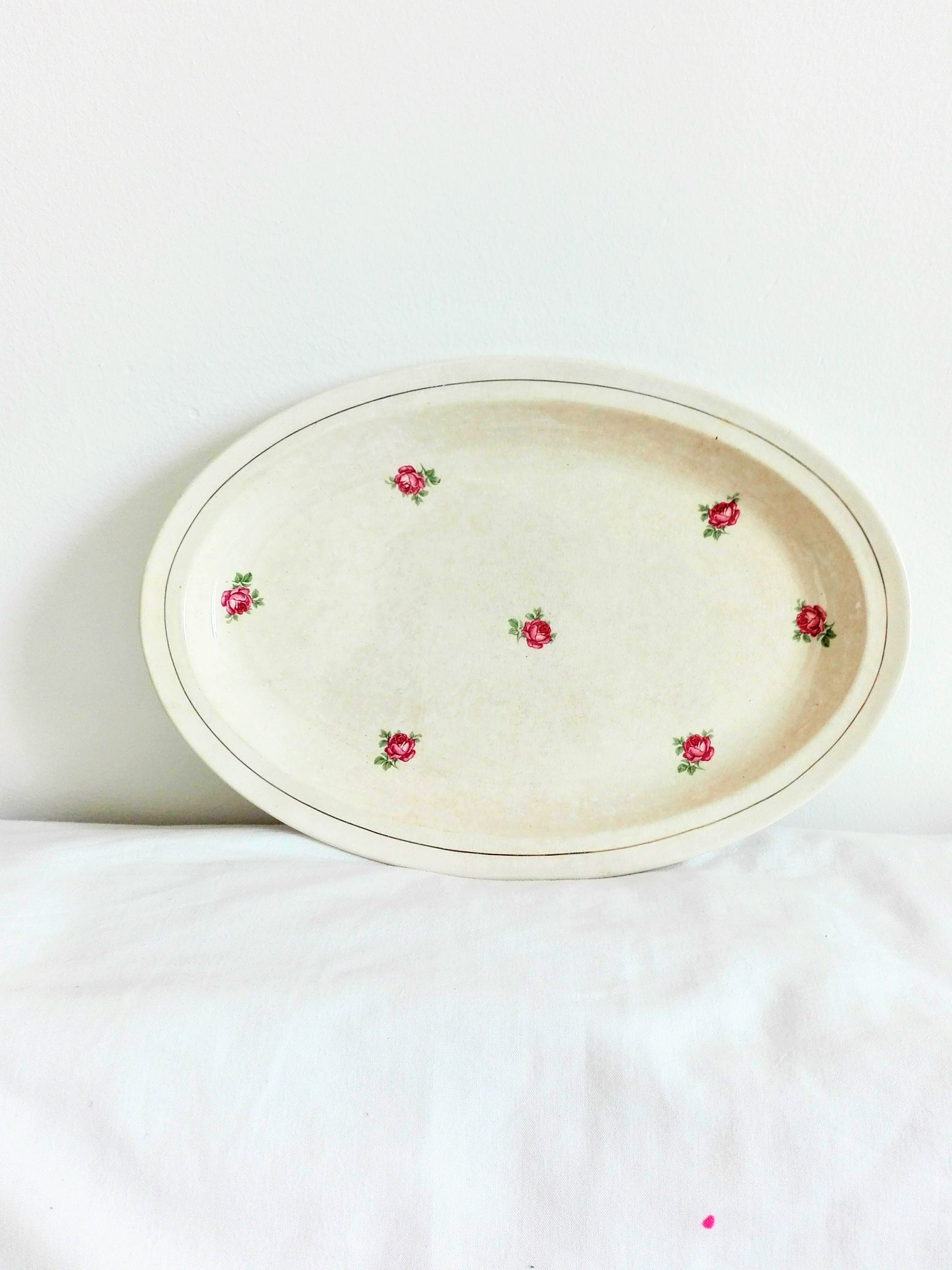 Vintage Français Cream/Ecru Oval Ironstone Platter.français Rose Platter Tea Stained.français Countr