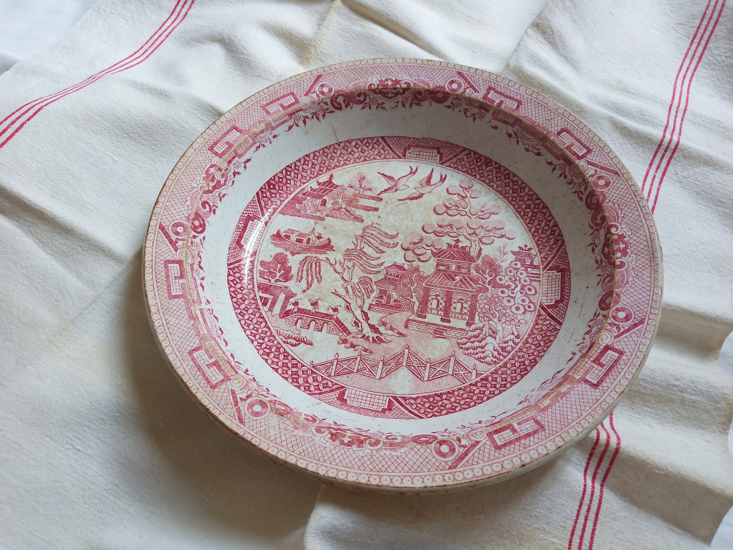 Old Cherry Red Willow China Transferware.anglais Saule Antique à Motifs.bol Rond en Céramique