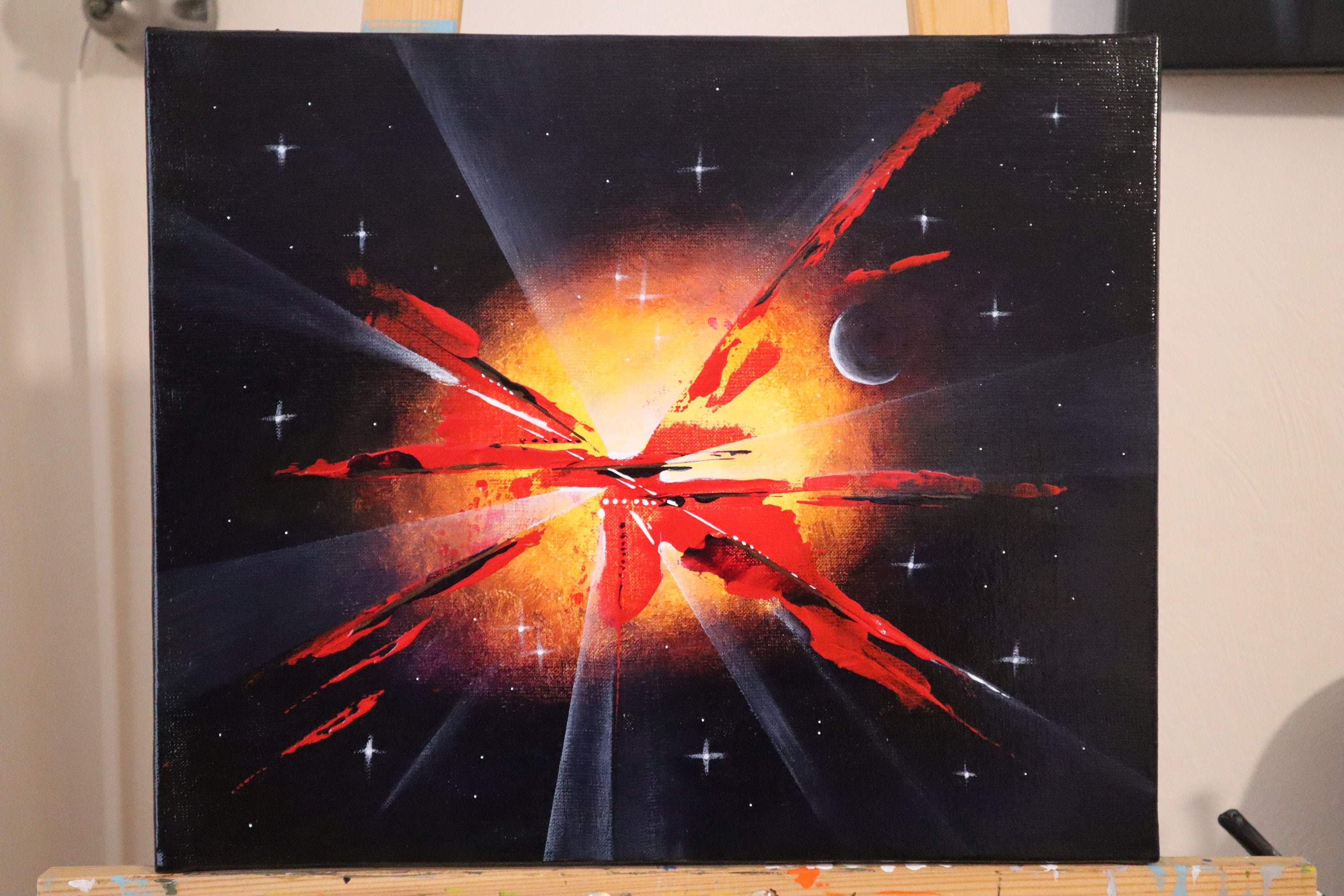 Peinture Galactica Acrylique sur Lin 38x46 cm Tableau Abstrait Unique et Original Noir Rouge Jaune O