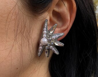 Crystal Star Earrings: Beaded Pearl Rhinestone Celestial Jewelry
