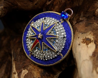 Blue compass brooch, embroidered nautical compass pin, Adventure compass travel pin, sailor compass pin