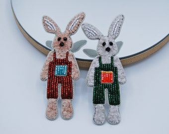 Bunny rabbit New Year brooch, Funny bunny pin jewelry, grey hare pin