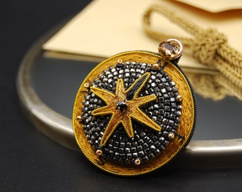 Golden compass brooch, embroidered nautical compass pin, Adventure compass travel pin