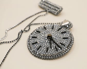 Clock bead jewelry, crystal glass brooch, silver rhinestone chain, round, alice in wonderland jewelry,  watch brooch