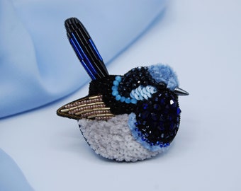 Bird brooch pin superb fairy-wren,  beaded jewelry brooch,  Sequin embroidery, Bird lover gift