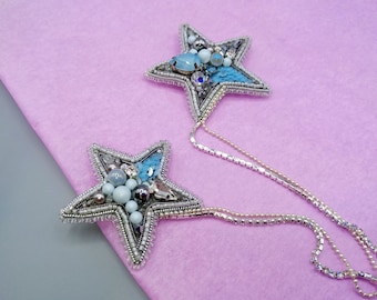 Double star brooch, Blue and silver stars, Star Rhinestone Brooches, Hanging Chain Tassel Suit Collar Brooch Lapel Pin