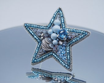Blue Star Christmas brooch, embroidered brooch pin,  wife Xmas gift, evening statement pin, women shiny jewelry accessory