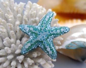 Starfish brooch, beach wedding pin, ocean beaded jewelry, sea star lapel, nautical accessories