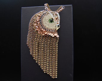Rhinestone bird owl brooch, crystal lapel pin, woodland animal beaded jewelry, graduation gift