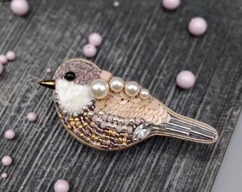 Dusty blush small beaded bird brooch, pink cream bridesmaid wedding accessory, French bullion wire sequin embroidery, seed beads jewelry pin