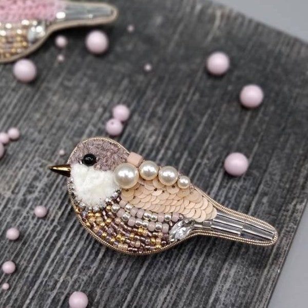 Dusty blush small beaded bird brooch, pink cream bridesmaid wedding accessory, French bullion wire sequin embroidery, seed beads jewelry pin