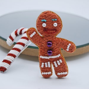 Christmas Brooch Set: Beaded Gingerbread Man & Candy Cane Pin