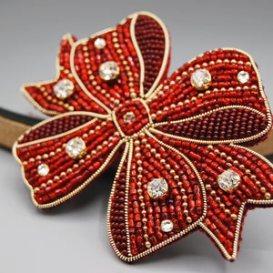 Red Beaded Bow Brooch: Christmas Crystal Pin