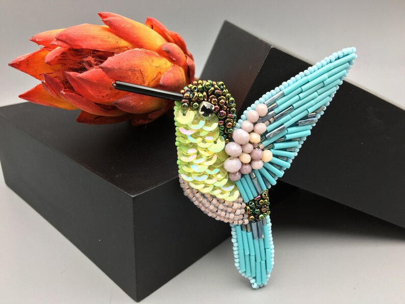 Mother gift idea Crystal glass shiny jewelry Embroidery tropical bird sequins pin Bird lover gift Blue yellow hummingbird brooch pin