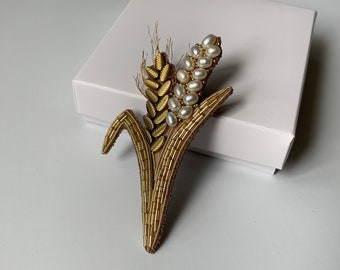 Ear of Wheat brooch with pearls, Ripe Wheat Floral Pin, Spikelet of wheat brooch