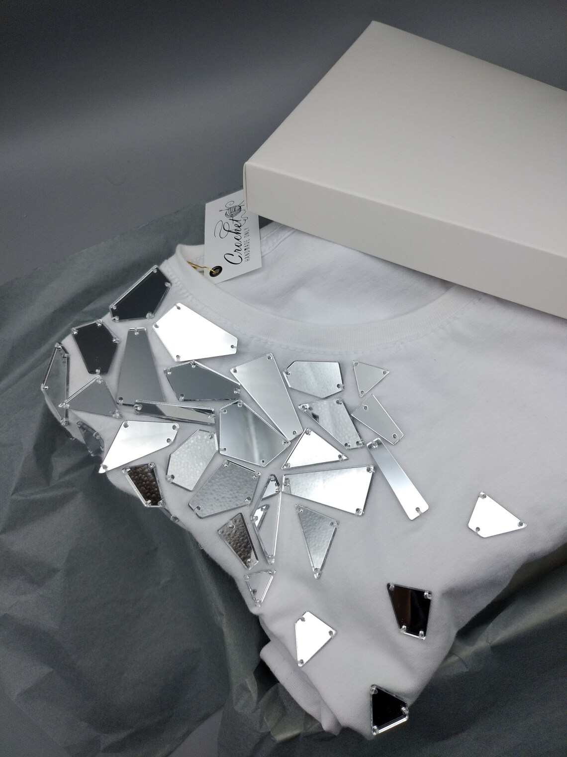 White cotton t shirt with mirror acrylic pieces minimalist Etsy