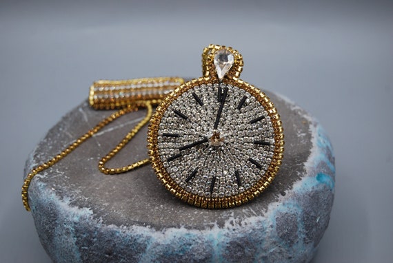 Clock Bead Jewelry Crystal Glass Brooch Gold Rhinestone Chain