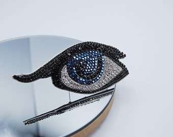 Magic blue evil eye rhinestones brooch pin,  drop faceted crystals, good luck talisman jewelry