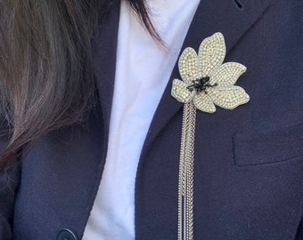 Flower Brooch With Chains, Jacket Fancy Coat Flower Pin, Elegant Crysral Brooch With Chains