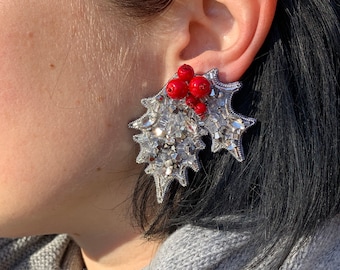 Holly Leaf with berries earrings, silver red crystal ear studs, floral beaded botanical jewelry, bridesmaid sequin earrings