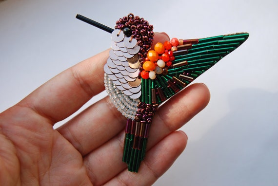 Tropical Hummingbird Hand-Embroidered Brooch Pin Tropical Hummingbird Hand-Embroidered Brooch Pin