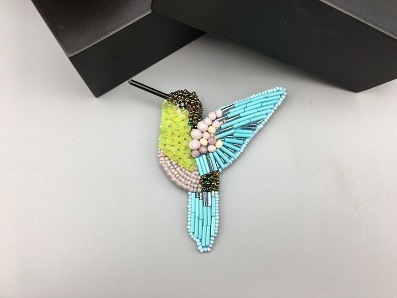 Mother gift idea Crystal glass shiny jewelry Embroidery tropical bird sequins pin Bird lover gift Blue yellow hummingbird brooch pin