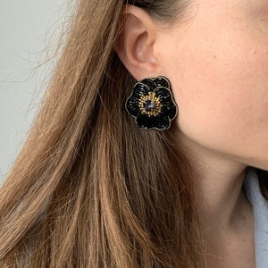 Flowers Earrings, black and gold beaded studs with crystals