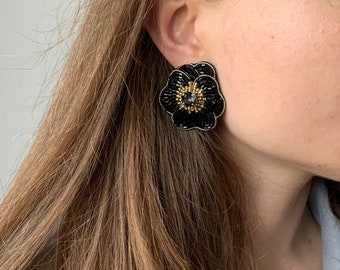 Flowers Earrings, black and gold beaded studs with crystals