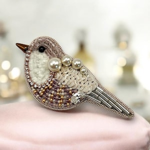 Beaded Bird Brooch: Dusty Blush Pink, Sequin & Seed Bead Embroidery