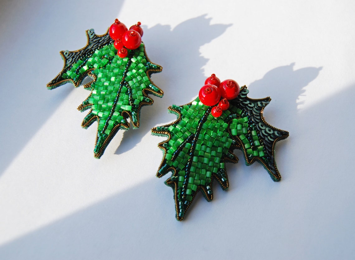 Christmas Earrings Holly Leaf With Berries Green Red Crystal Etsy