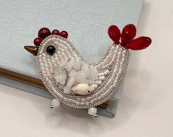 Elegant White Chicken Brooch, Easter Chicken Pin,  Farm Animal Accessory