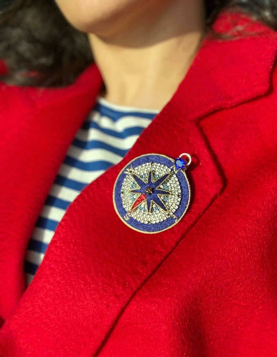 Blue Crystal Compass Brooch: Hand-embroidered Nautical Pin - Etsy UK