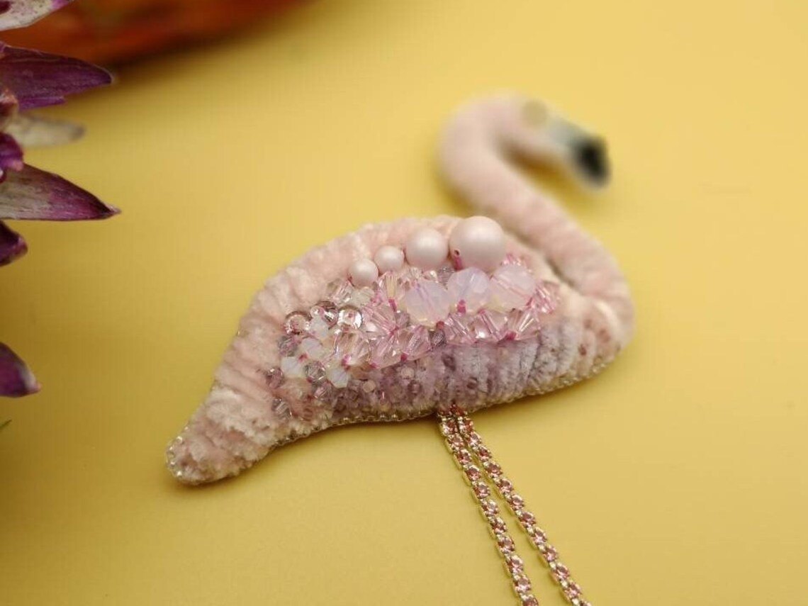 Pink Flamingo Statement Boho Brooch With Beadwork Embroidery Etsy