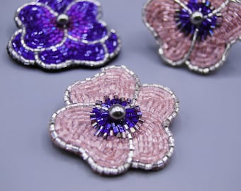 Flower purple brooch, Botanical pink flower, Flower brooch, Beaded hand embroidered pin