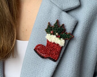 Santa Red Boot Brooch, Christmas pin, shawl costume lapel pin