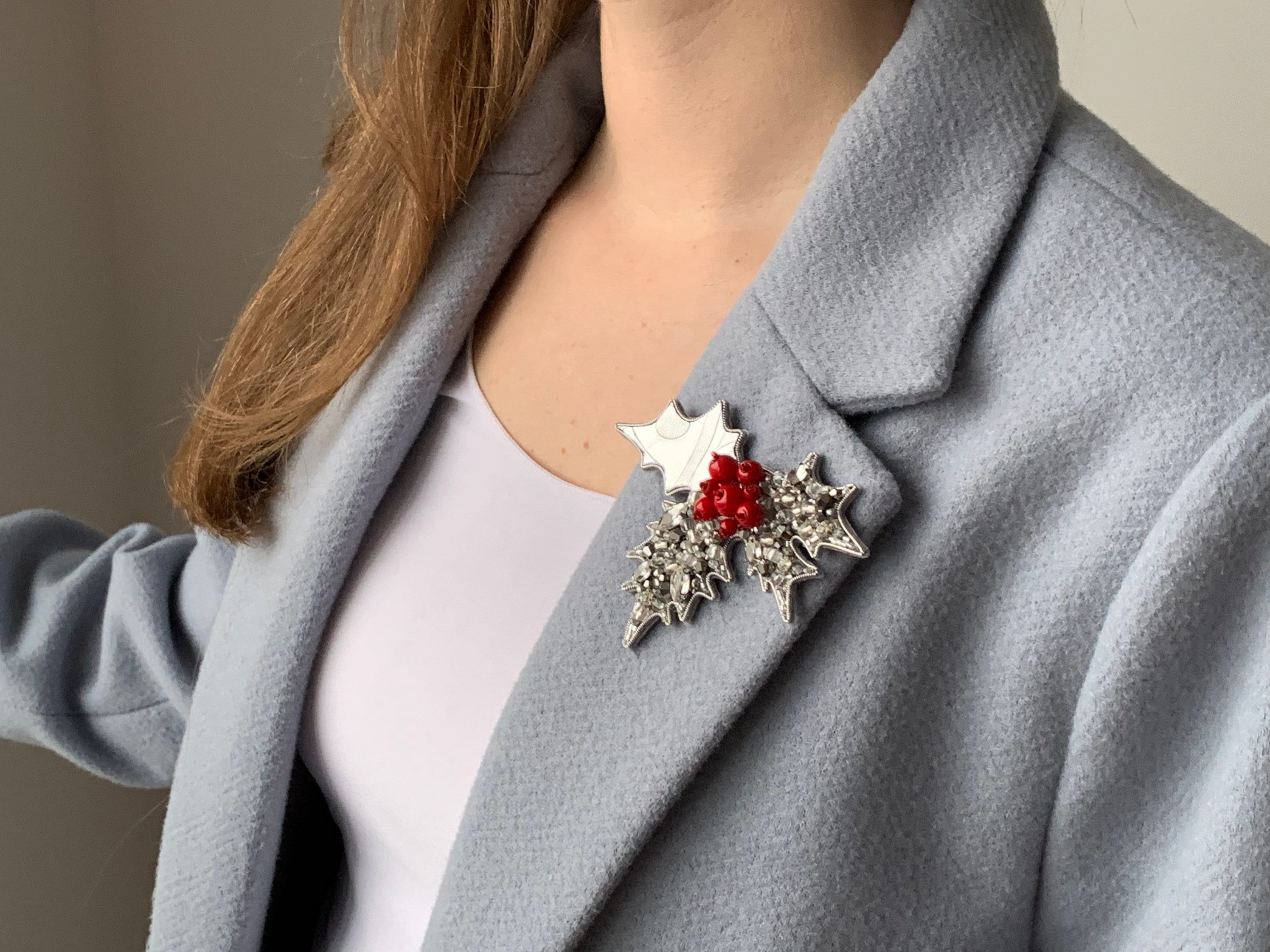 Christmas Holly Berries Brooch, Silver Beaded Xmas Leaves