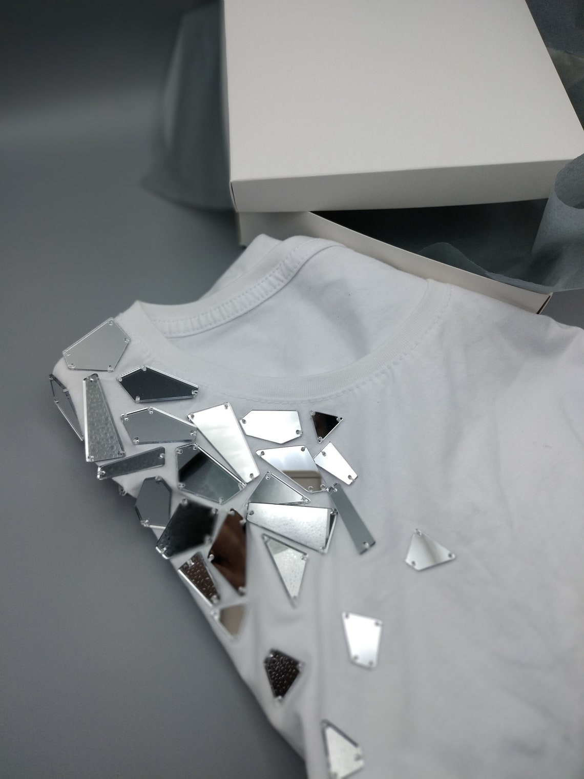 White cotton t shirt with mirror acrylic pieces minimalist Etsy