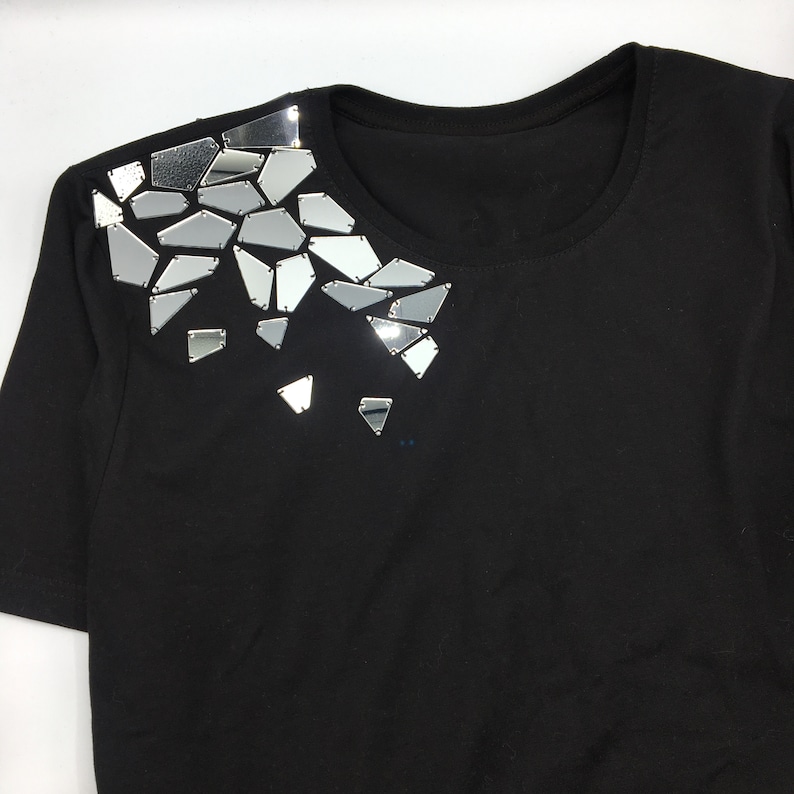 Black cotton t shirt with mirror acrylic pieces minimalist Etsy